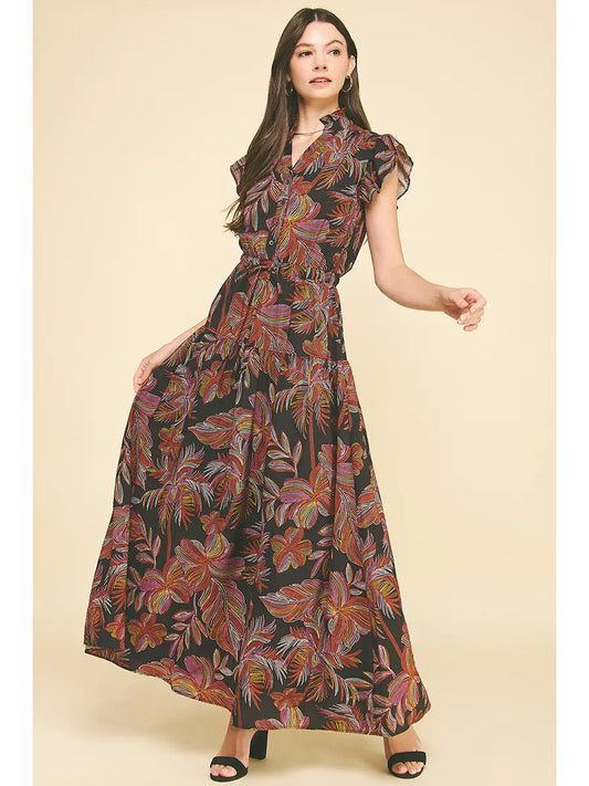 Leaf Print Maxi Dress
