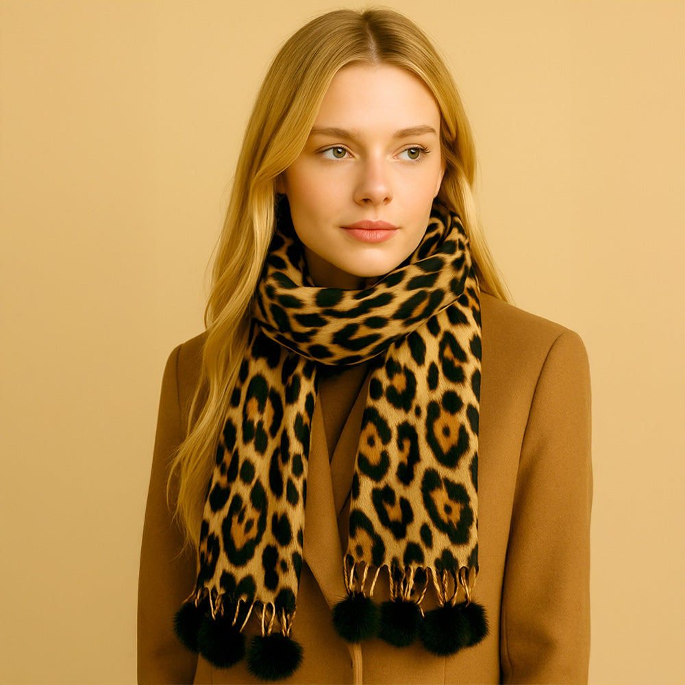 Leopard Pom Pom Scarf