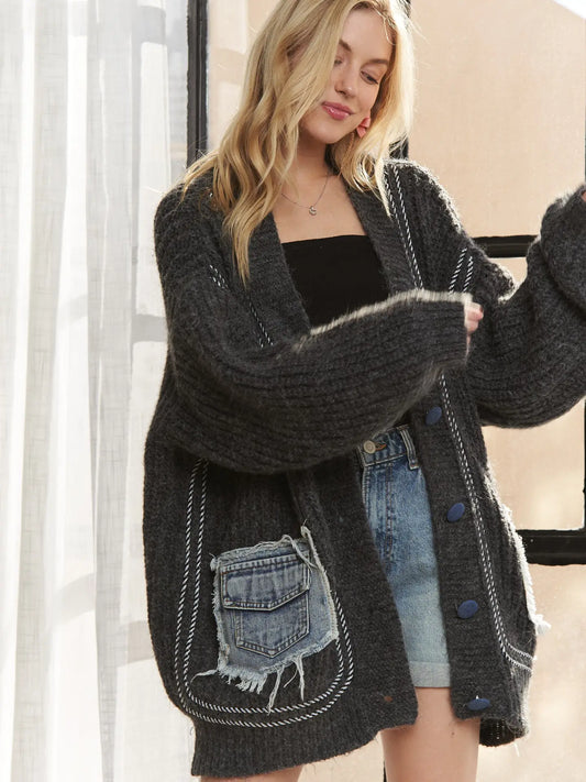 Denim Pocket Cardigan Sweater