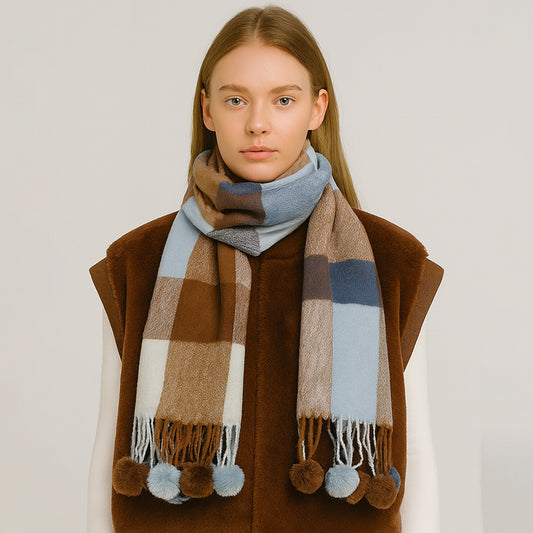 Plaid Pom-Pom Tassel Scarf