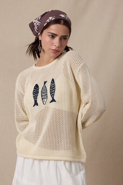 Fish Trio Open-Knit Sweater **RESTOCKING BEGINNING OF JULY**